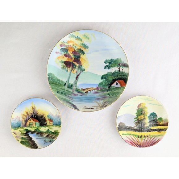 Set of 3 Handpainted Japanese Porcelain Decorative Wall Plates Asian Rural Scene - Picture 5 of 10